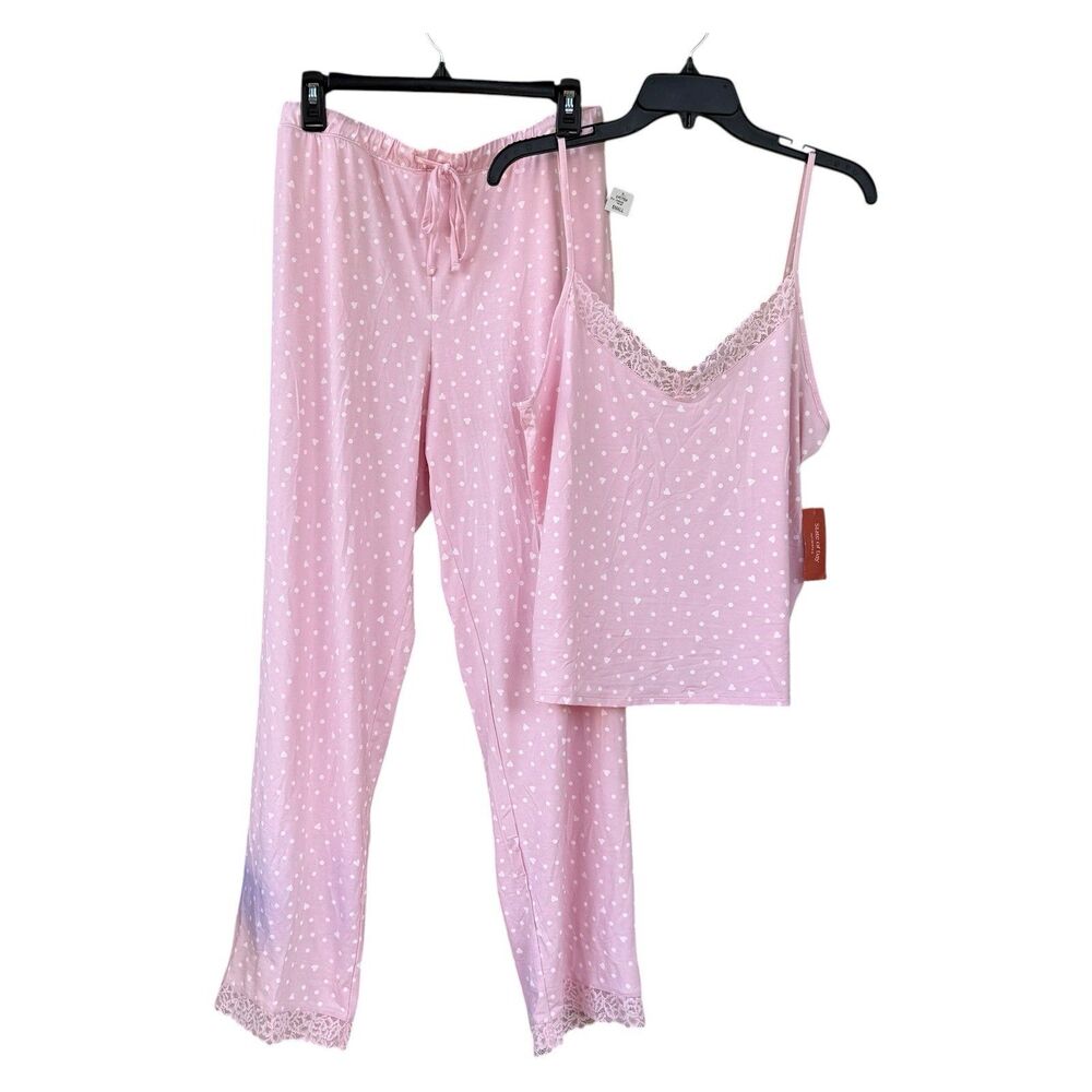 NWT State Of Day Women 2-pc Pajama Set Pink With White Dots Hearts Lace Trim S
